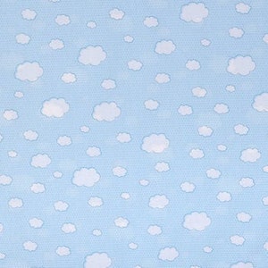 May include: A seamless pattern of white clouds on a light blue background.