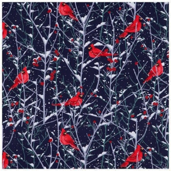 Cardinals On Snowy Branches Fabric, Christmas Fabric, 100% Cotton, Apparel Fabric, Home accents fabric, Seasonal & Holiday