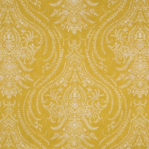 Sprigs Damask Fabric, Ornate Design, 100% Cotton, Duck Cloth, Home accents fabric, Accessories Fabric, Yellow & White