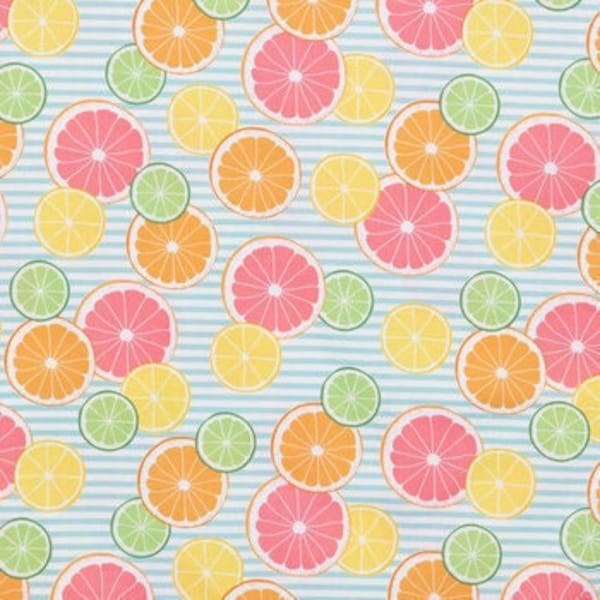 Citron On Striped Fabric, Fruits Fabric, 100% Cotton, Apparel Fabric Fabric by the yard, Accessories Fabric, Yellow, Green, Orange & Pink