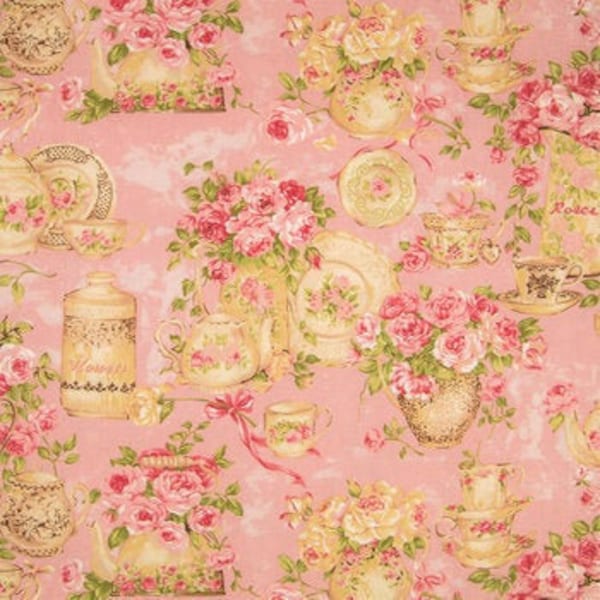 Rose Garden Tea For Two Pink Fabric, Teacups Fabric, 100% Cotton, Apparel Fabric, Fabric by the yard, Home accents fabric,