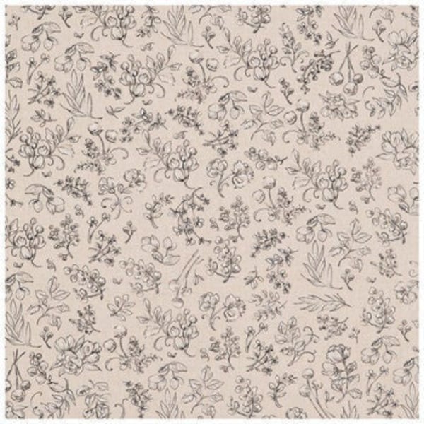 Beige & Black Sketched Floral Dyed Yarn Essex Fabric, Linen-Cotton, Apparel Fabric, Fabric by the yard, Home Accents Fabric, Botanical Style