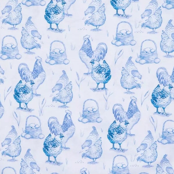 Toile Chickens Fabric, Birds Fabric, 100% Cotton, Quilting Fabric, Fabric by the yard, Home accents fabric, Blue & White Colored