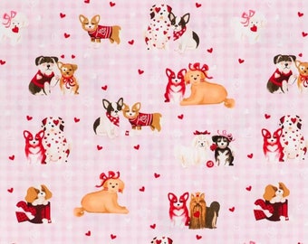Dogs & Hearts Fabric, Valentine's Day Fabric, 100% Cotton, Apparel Fabric, Fabric by the yard, Accessories Fabric, Seasonal-Holiday