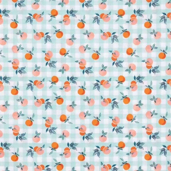 Gingham & Peaches Fabric, Fruits Fabric, 100% Cotton, Apparel Fabric, Fabric by the yard, Accessories Fabric, Sage, Orange, Peach Colored