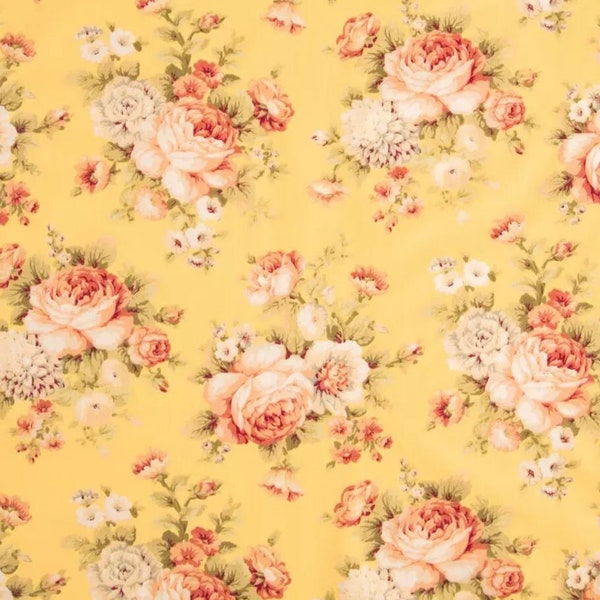 Roses on Yellow Fabric, Flowers Fabric, 100% Cotton, Apparel Fabric, Fabric by the yard, Accessories Fabric, Botanical-Garden