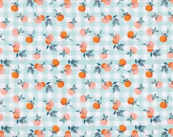 Gingham & Peaches Fabric, Fruits Fabric, 100% Cotton, Apparel Fabric, Fabric by the yard, Accessories Fabric, Sage, Orange, Peach Colored