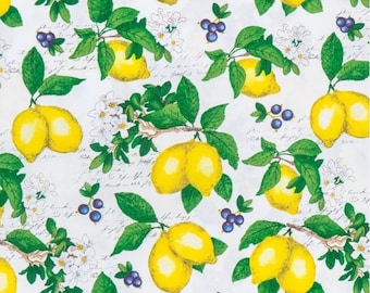 Lemon & Flowers Cotton Calico Fabric, Fruit Print, Quilting, Home Accents, Fabric by the yard
