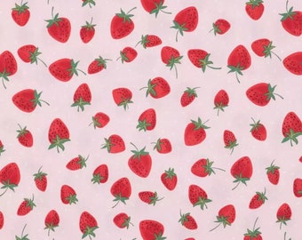 Strawberries & Dots Fabric, Fruit Fabric, 100% Cotton, Quilting Fabric, Fabric by the yard, Home Accents Fabric, Pink-Red Colored
