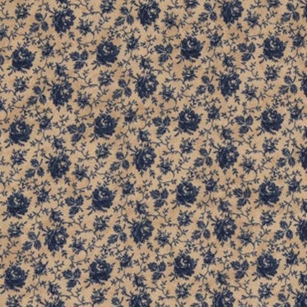 19th Century Floral Fabric, 100% Cotton, Apparel Fabric, Fabric by a yard, Quilting Fabric, Vintage-Style, Tan & Navy Blue Colored