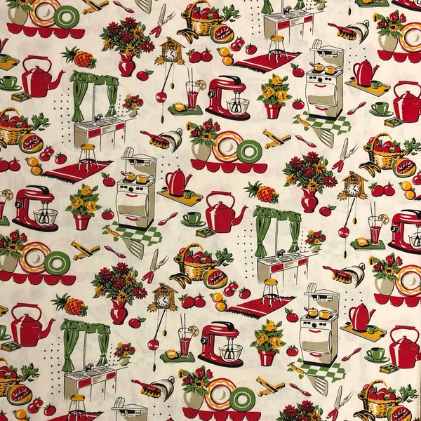 Vintage Fifties Kitchen Fabric, Retro Style Fabric, 100% Cotton, Aprons Fabric, Fabric by the yard, Home accents fabric, Cooking & Baking