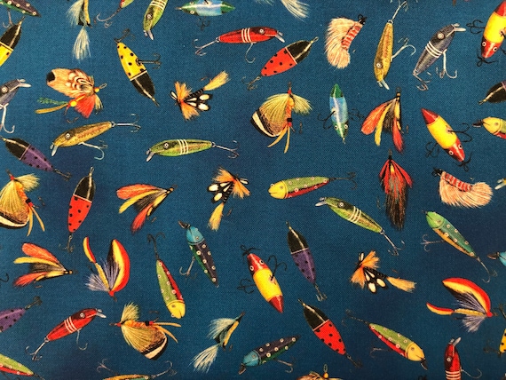 Fishing Lures Fabric, Hooks Style, 100% Cotton, Quilting Fabric