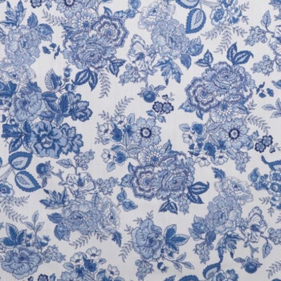 Blue & White Jacobean Floral Fabric, Vintage-style Fabric, 100