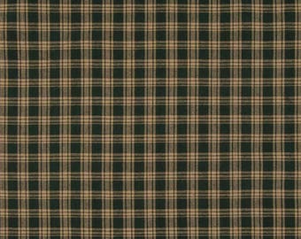 May include: A green and brown plaid fabric with a woven texture.
