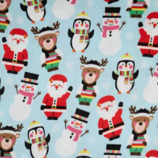 Christmas Crew Fleece Fabric, Santa Penguin Snowman Reindeer Print, Polyester Seasonal Crafts