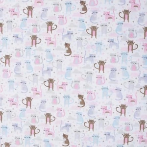 May include: White fabric with a repeating pattern of cartoon cats in various colors, including brown, pink, blue, and gray. The cats are in different poses, with some standing and others sitting. Small heart shapes and cloud shapes are scattered throughout the design.