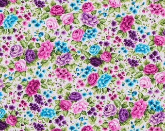 Purple & Turquoise Floral Fabric, Flowers Fabric, 100% Cotton, Apparel Fabric, Fabric by the yard, Quilting Fabric, Botanical-Garden