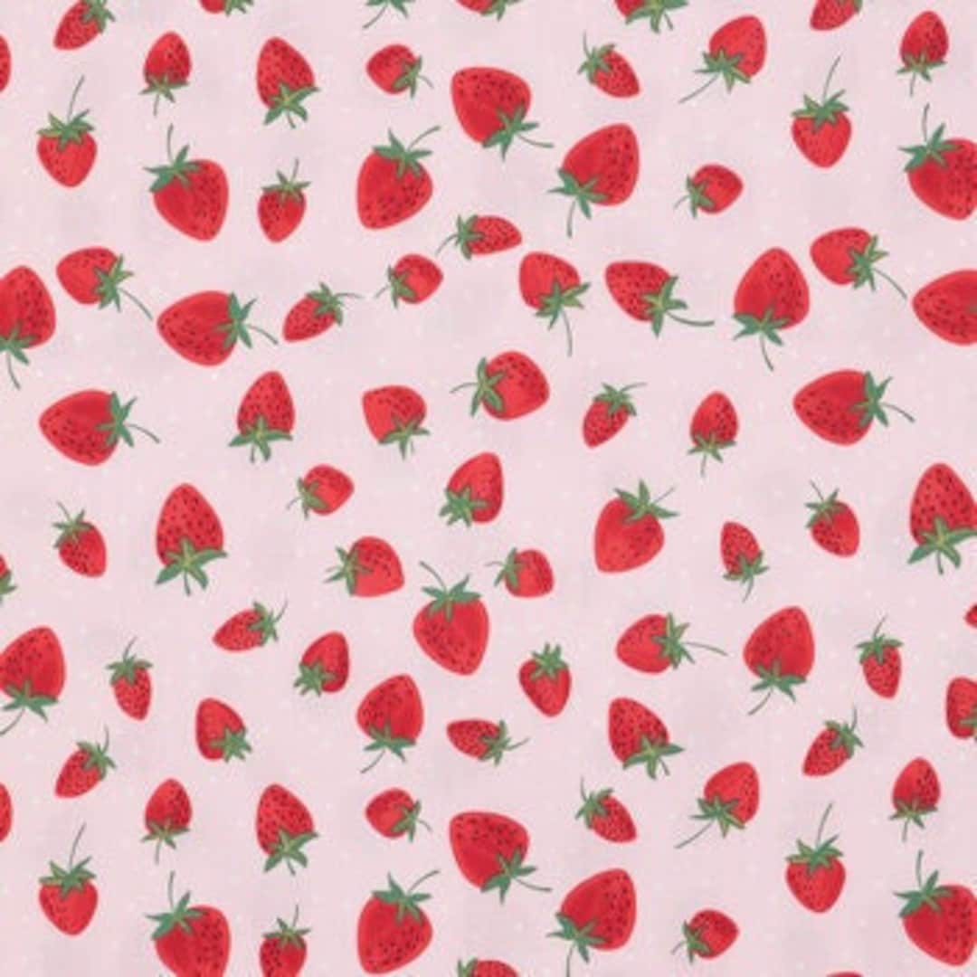 Strawberries Fabric, Cotton Fabric, Fruit Fabric, Dots Fabric, Red
