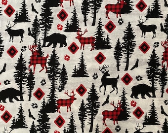 Red & Black Woodland Animals Cotton Calico Fabric, Pine Trees, Quilting, Home Accents, By the yard