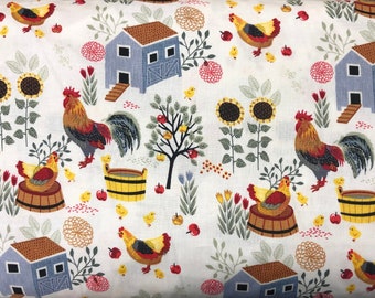May include: White fabric with a repeating pattern of roosters, hens, chicks, sunflowers, apple trees, and blue houses with red roofs. The background is white with a subtle texture.