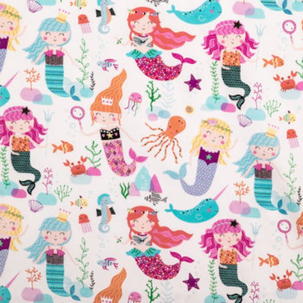 Mermaids Under-The-Sea Fabric, Sea Animals Fabric, 100% Cotton, Apparel Fabric, Fabric by the yard, Kids Fabric, White & Colorful Style