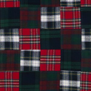 May include: A patchwork design featuring squares of various plaid patterns in red, green, navy, and white. The arrangement creates a visually interesting and textured surface, suitable for textiles or decorative items.