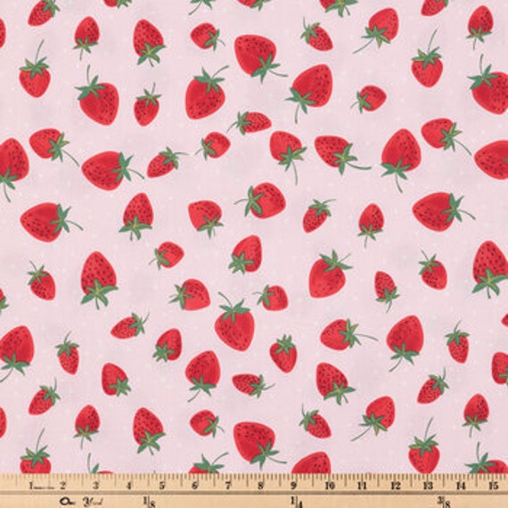 Strawberries Fabric, Cotton Fabric, Fruit Fabric, Dots Fabric, Red Fabric,  Fabric by the Yard, Light Pink Fabric, Seeds Fabric, Stems Fabric -   Israel