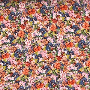 May include: A seamless fabric pattern featuring a variety of colorful flowers, including pink, orange, blue, and green. The flowers are arranged in a repeating pattern, creating a vibrant and cheerful design.