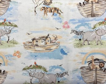 Noah's Ark Fabric, Ships & Animals, 100% Cotton, Quilting Fabric, Nursery Accents Fabric, Religious Style