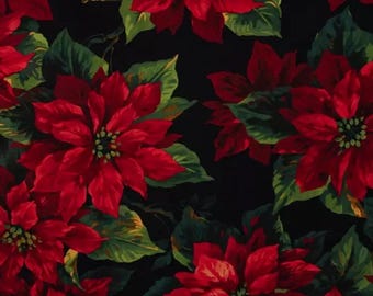 Scarlet Poinsettia Christmas Fabric, Black Cotton Fabric, Holiday Sewing