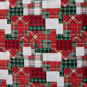 May include: A fabric featuring a patchwork design of various plaid patterns in red, dark green, and white. The squares and rectangles are arranged in an overlapping grid, showcasing different tartan styles with thin black and yellow accent lines.