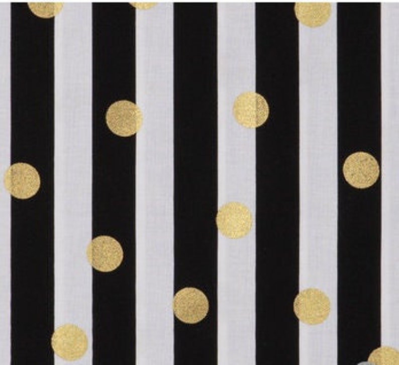 Gold Dots on Black and White Striped Fabric Metallic Gold Etsy