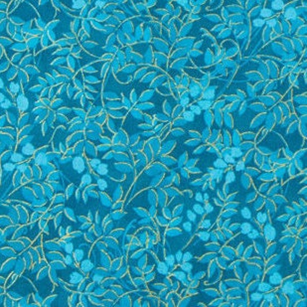 Blue & Gold Metallic Leaf Print, Aqua Fabric, 100% Cotton, Apparel Fabric, Fabric by the yard, Accessories Fabric, Botanical-Garden