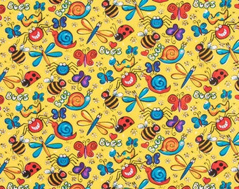 Happy Bugs Fabric, Colorful Fabric, 100% Cotton, Quilting Fabric, Fabric by the yard, Accessories Fabric, Spring-Style