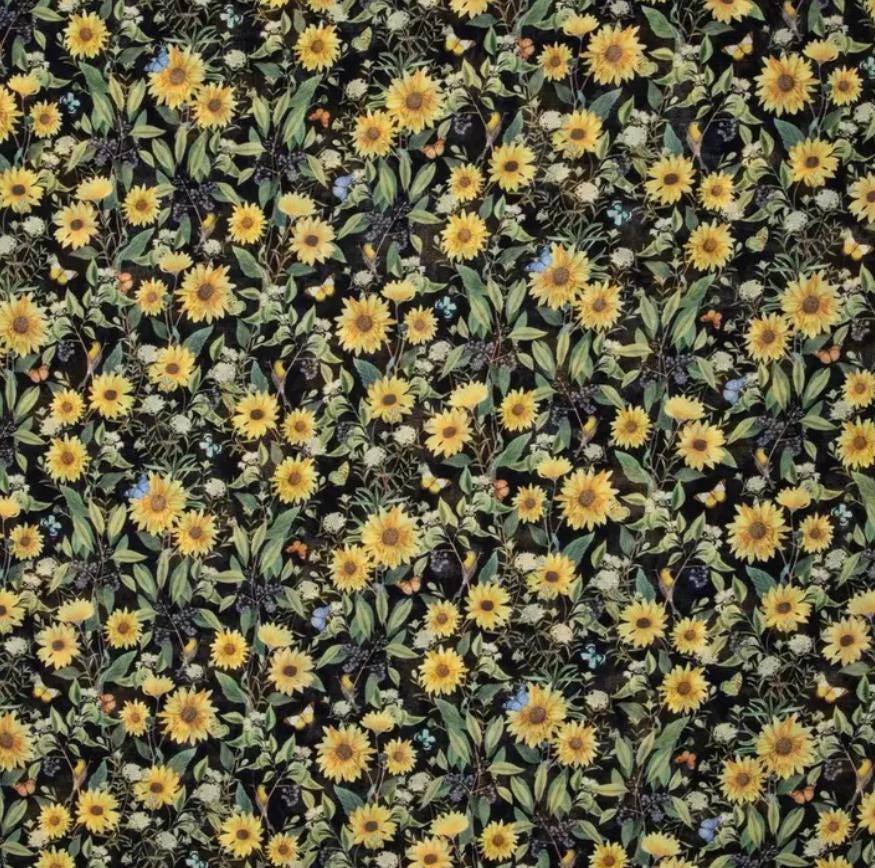 Sunflowers & Butterflies Fabric, Floral Fabric, 100% Cotton, Quilting Fabric, Fabric by the yard, Home Accents Fabric, Botanical-Garden
