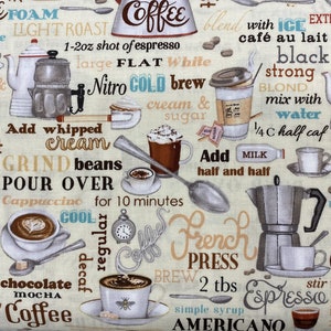 May include: A beige background with a coffee theme. The image is filled with coffee-related words and illustrations, including coffee beans, coffee cups, and coffee brewing equipment. The text includes words like "Espresso", "Nitro Cold Brew", "French Press", and "Americano".