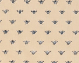 Tea Dye Bee Fabric, Navy Blue Insect Print, 100% Cotton Quilting Fabric