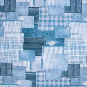 May include: A patchwork design featuring various shades of blue denim and fabric squares. The pattern includes squares with plaid, striped, and solid textures, creating a textured and visually interesting design. The overall effect is a cool, casual aesthetic.