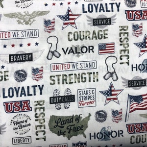 United We Stand Fabric, Military Style, 100% Cotton, Quilting Fabric, Fabric by the yard, Apparel Fabric, Freedom Fabric, Red, White, Blue