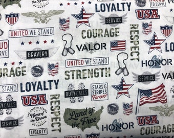 United We Stand Fabric, Military Style, 100% Cotton, Quilting Fabric, Fabric by the yard, Apparel Fabric, Freedom Fabric, Red, White, Blue