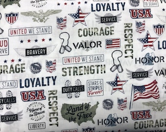 United We Stand Fabric, Military Style, 100% Cotton, Quilting Fabric, Fabric by the yard, Apparel Fabric, Freedom Fabric, Red, White, Blue