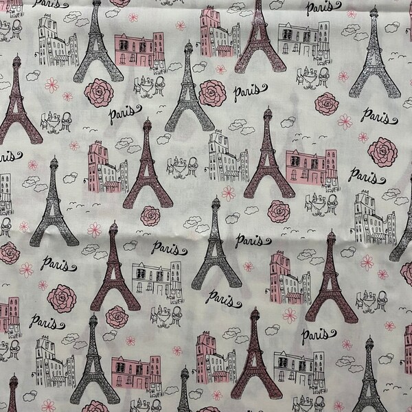 Paris Glitter Print Fabric, Eiffel Tower Fabric, 100% Cotton, Apparel Fabric, Fabric by the yard, Quilting Fabric, Monument Print