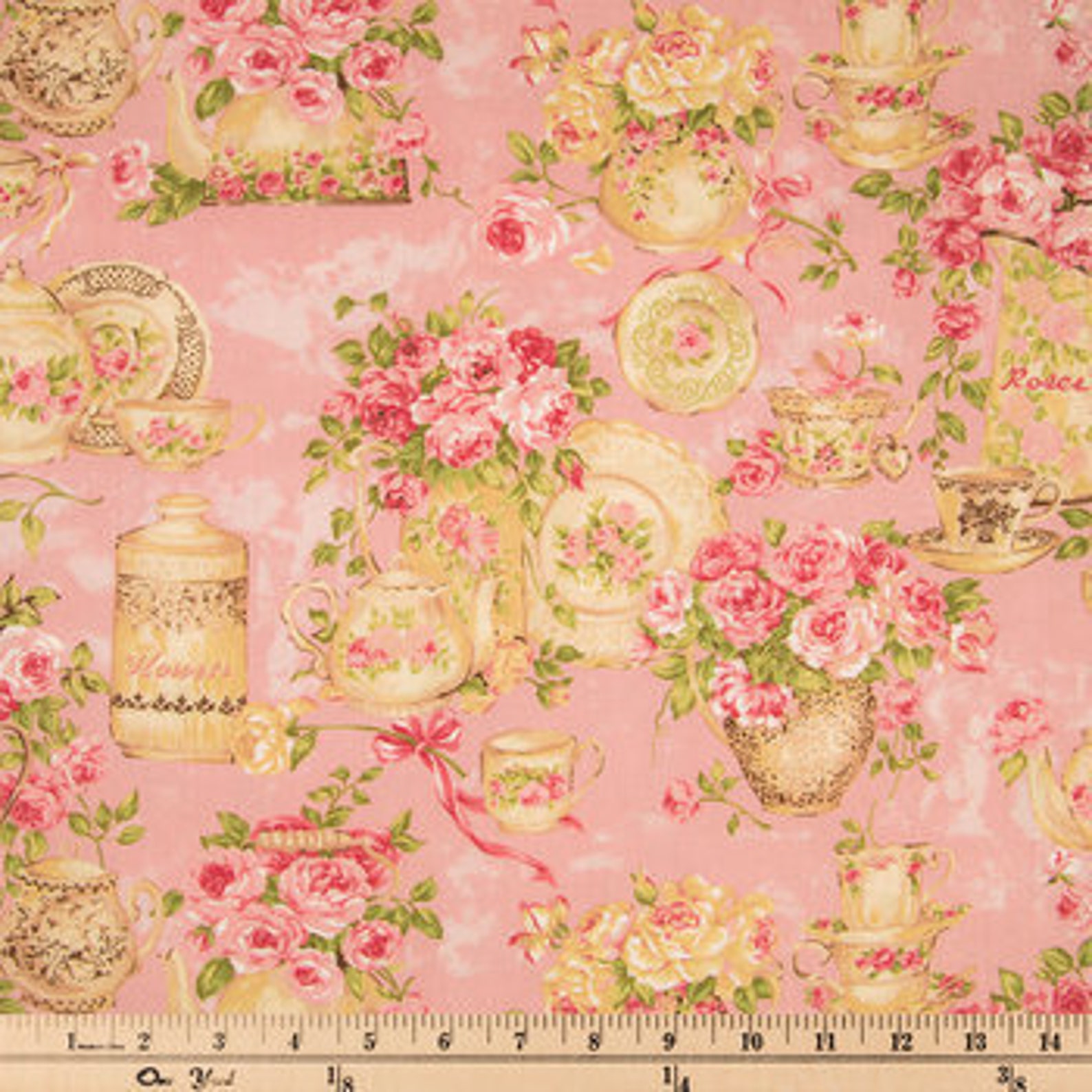 Rose Garden Tea for Two Pink Fabric Teacups Fabric 100 Etsy