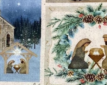 Nativity Collage Cotton Fabric, Christmas, Tree Skirts, Fabric by the yard, Stockings, Seasonal