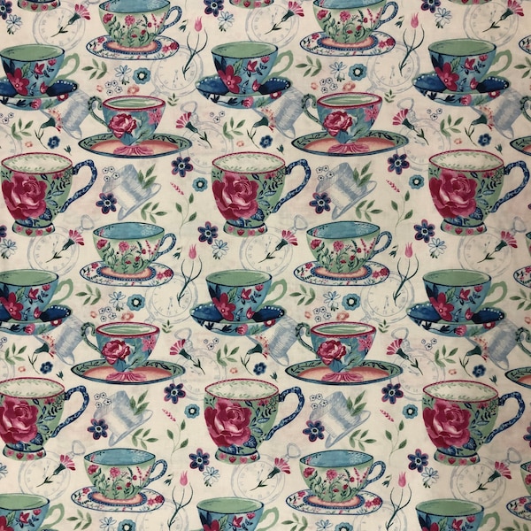 Floral Teacups Fabric, Tea Time Fabric, 100% Cotton, Accessories Fabric, Fabric by the yard, Quilting Fabric, Blue & Pink Colored