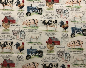 Dairy Farm Cotton Calico Fabric, Animals Farmhouse, Quilting, Home Accents, Fabric by the yard