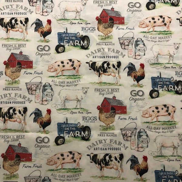 Dairy Farm Calico Fabric, Country-Themed Fabric, 100% Cotton, Quilting Fabric, Fabric by the yard, Home Accents Fabric, Animals Print