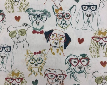 Dogs In Glasses Fabric, Animal Fabric, 100% Cotton, Duck Cloth, Home Accents Fabric, Fabric by the yard, Accessories Fabric, Colorful Style