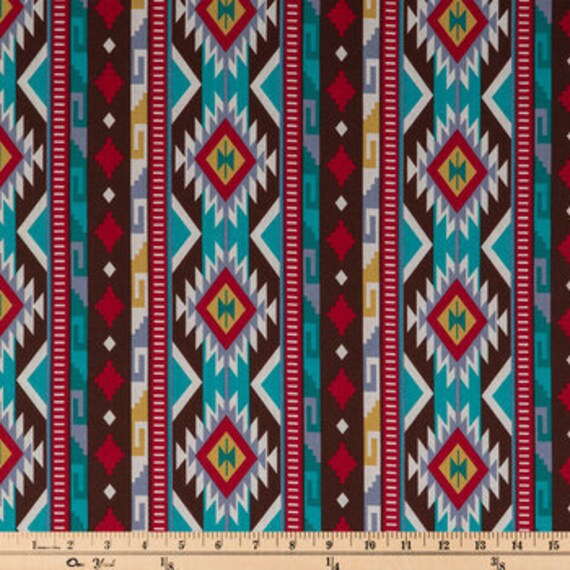 Turquoise Red Brown Tribal Geometric Cotton Fabric, Apparel Fabric