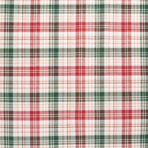 May include: A fabric featuring a classic plaid pattern with intersecting vertical and horizontal lines. The design consists of a white base color accented by repeating stripes in forest green, bright red, and thin tan lines throughout the textile.